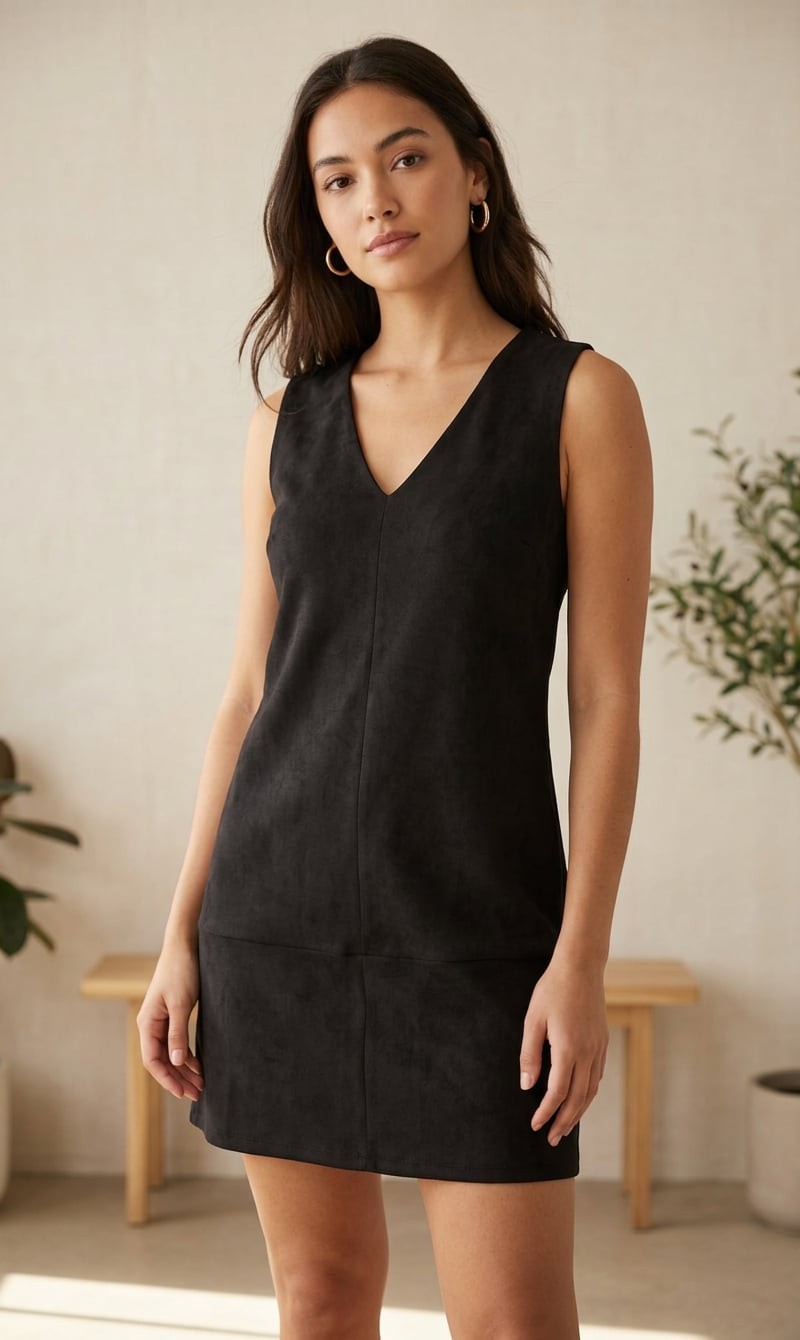 Naked Zebra Women’s Black Vegan Suede V-Neck Tank Mini Dress