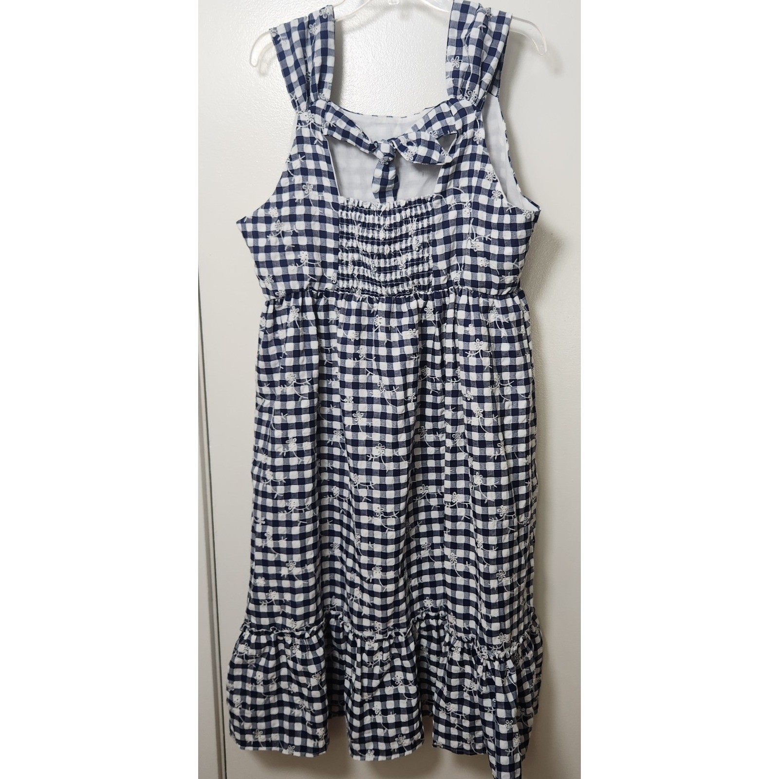 Blueberi Boulevard Blue White Gingham Plaid Midi Dress XXL Tired Smocked Ruffle