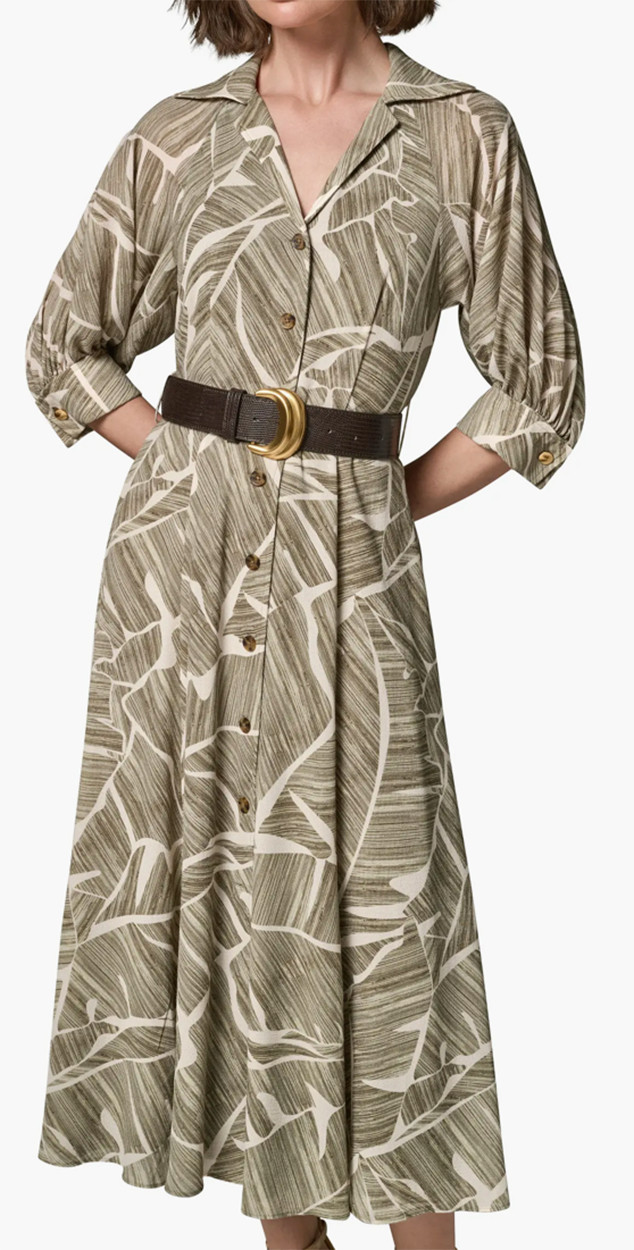 NWT Donna Karan NY Leaf Print Collared Belted Lined Shirt Dress, 8, Olive, $199