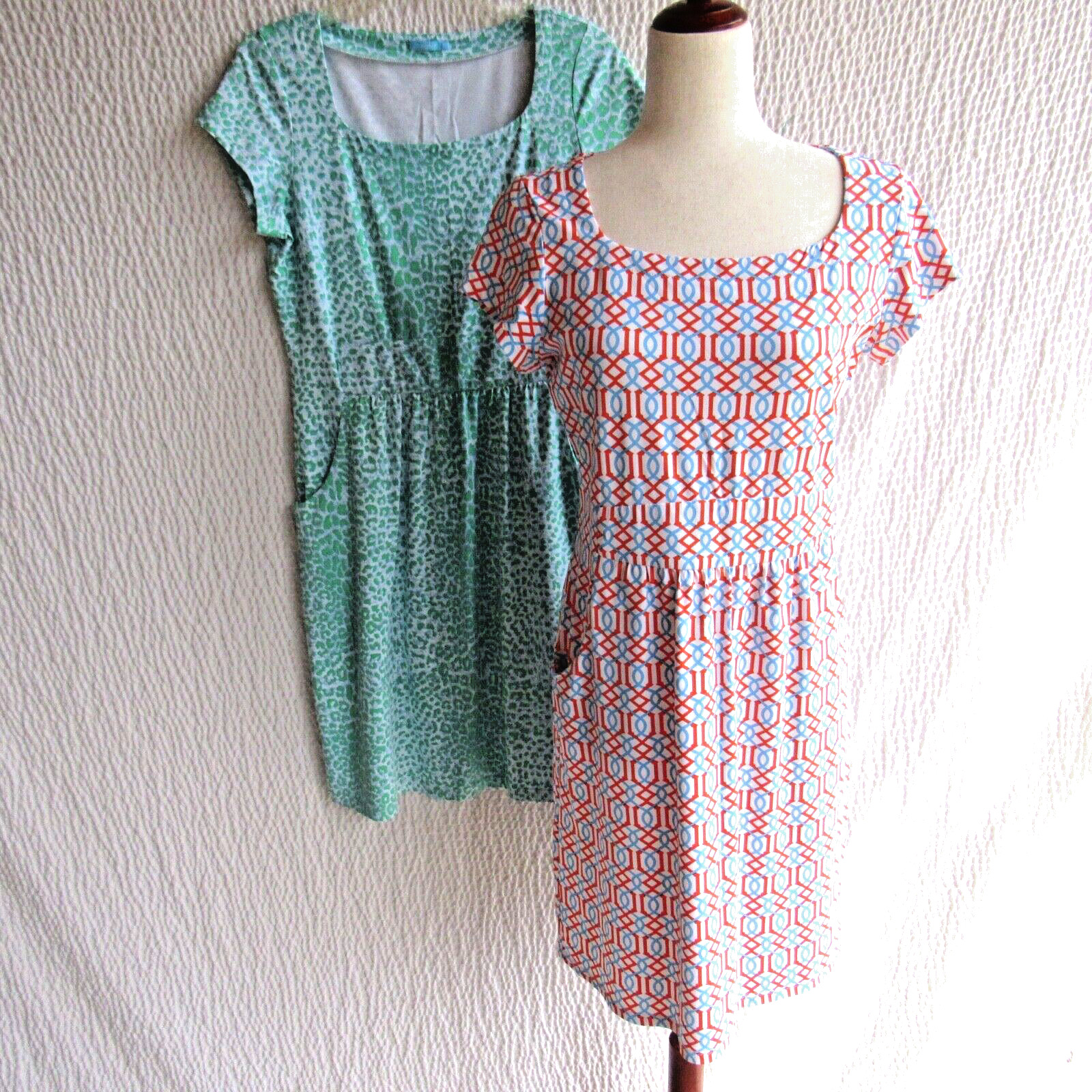 J. McLaughlin Dress M 2 Bundle Blue Green Short Slv Pockets Catalina Cloth