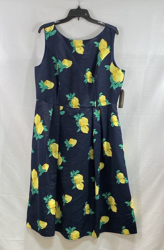 Eva Mendes New York & Company Women’s Navy Lemon Print Pleated Dress NWT Sz 18