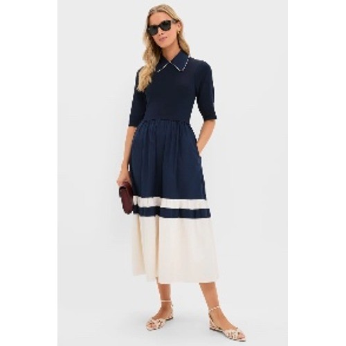 Tuckernuck Navy Cream Mixed Media Collared Midi Dress XXL Colorblock Nautical