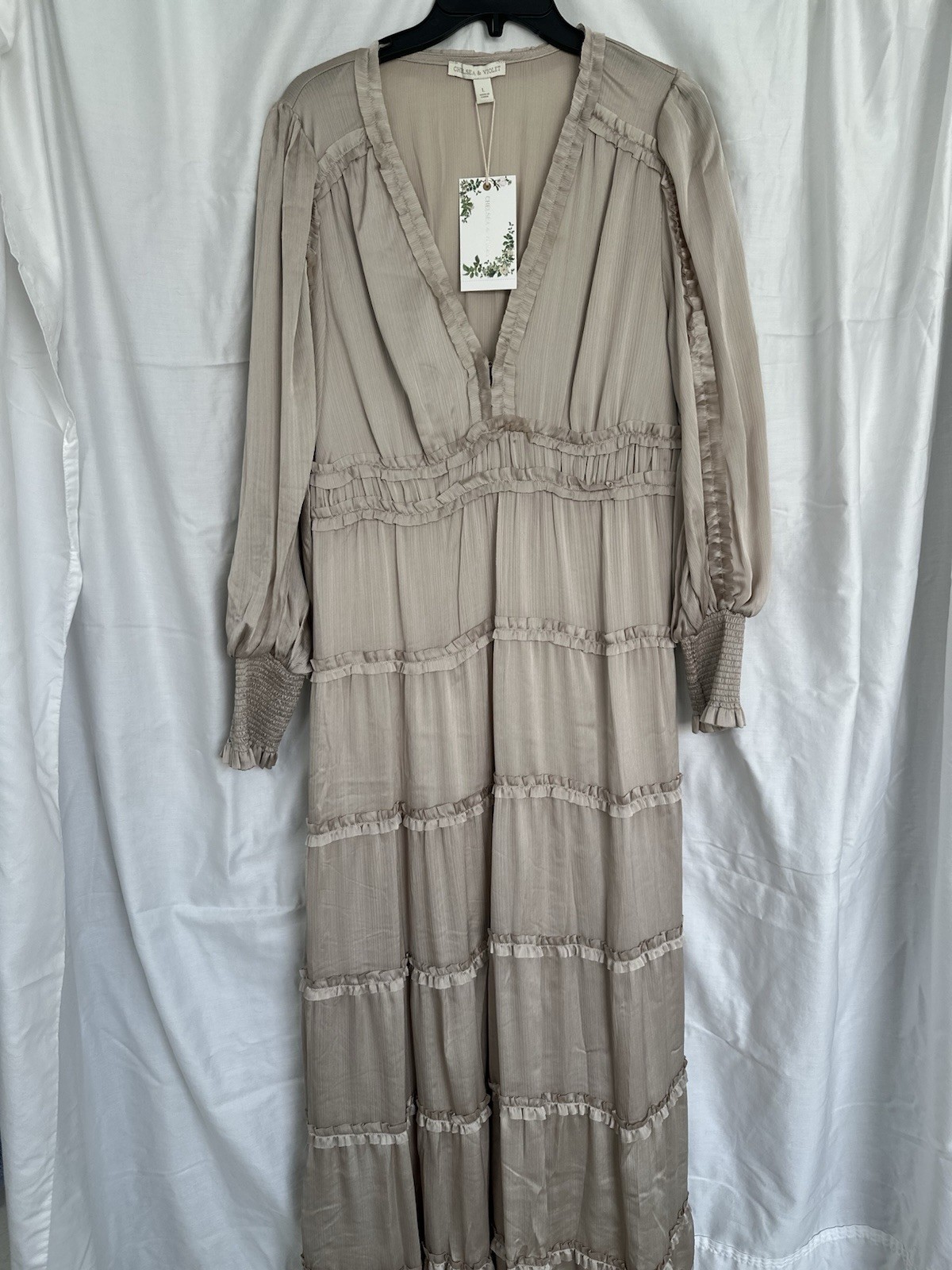 Chelsea & Violet Beige Solid Ruffle Smocked V-Neck Maxi Dress Long Sleeve L