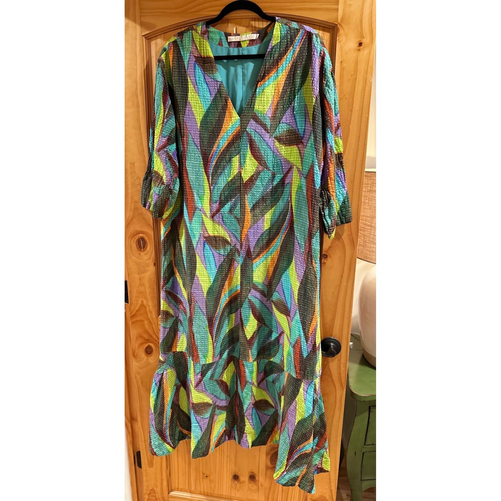 Marie Oliver Marlee Caftan Multi Abstract Leaf Maxi Dress V-Neck XL