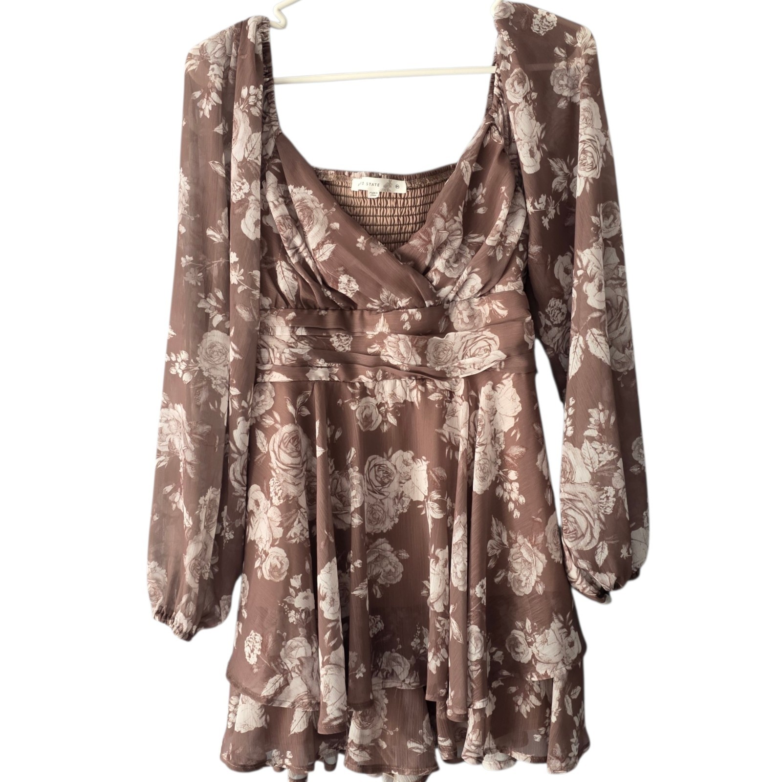 Altar’d State Floral Romper Dress Womens M Taupe Long Sleeve Cottagecore Boho