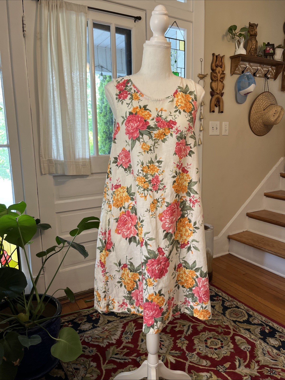 Cynthia Rowley S Floral 100% Linen Sleeveless Tank Cottage Dress Boho Summer