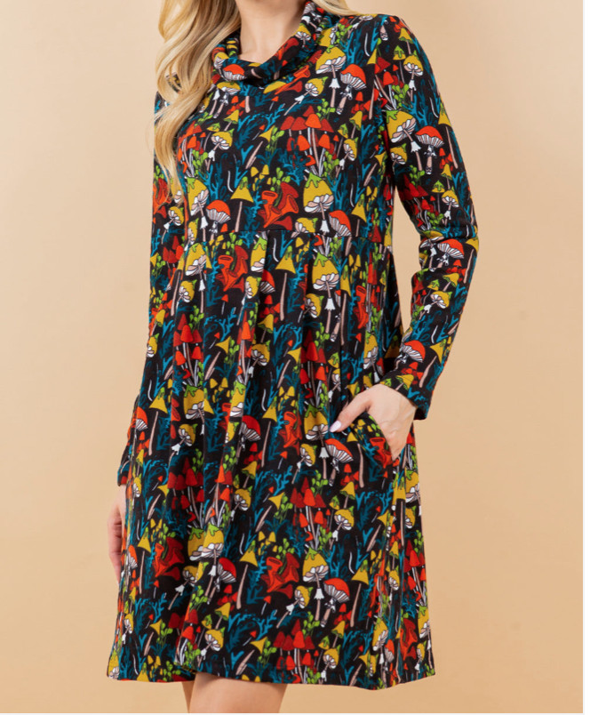 NWT Boutique LA SOUL Mushroom Print Long Sleeve Tunic Sweater Dress Pocket S-XL