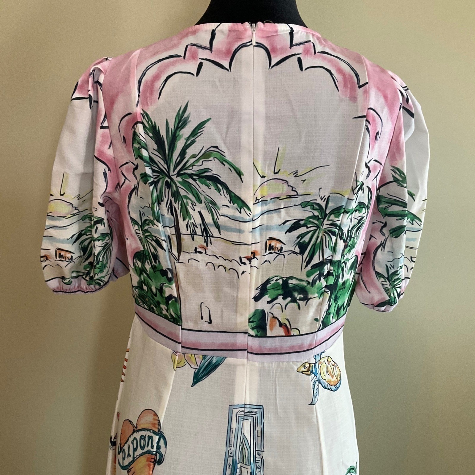 NWOT Tropical Print Puff Sleeve Maxi Dress Summer Resort Wear Boho Vintage Sz M
