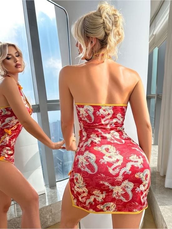 Red Dragon-Print Halter Mini Dress with Yellow Trim Medium