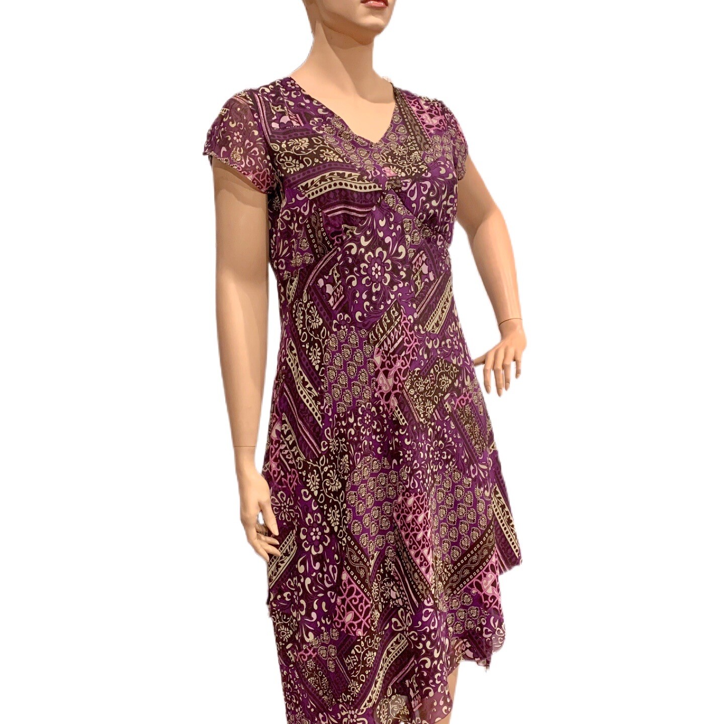 Elementz Midi Sun Dress Size XL Handkerchief Hem Purple Paisley, Lined, V-Neck