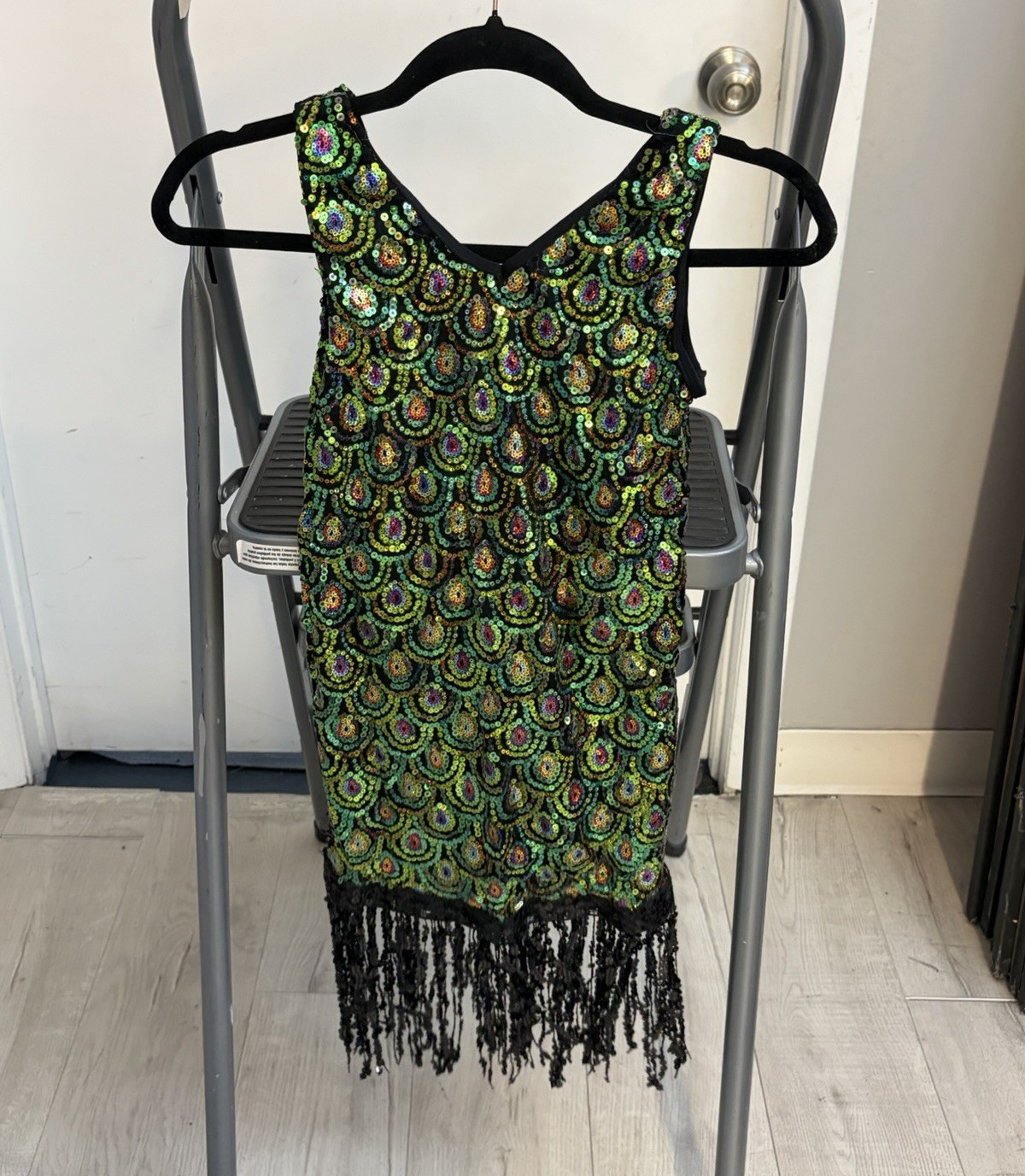 Women’s 20s Flapper Mini Dress Green/Black/Gold Sequin Medium Child