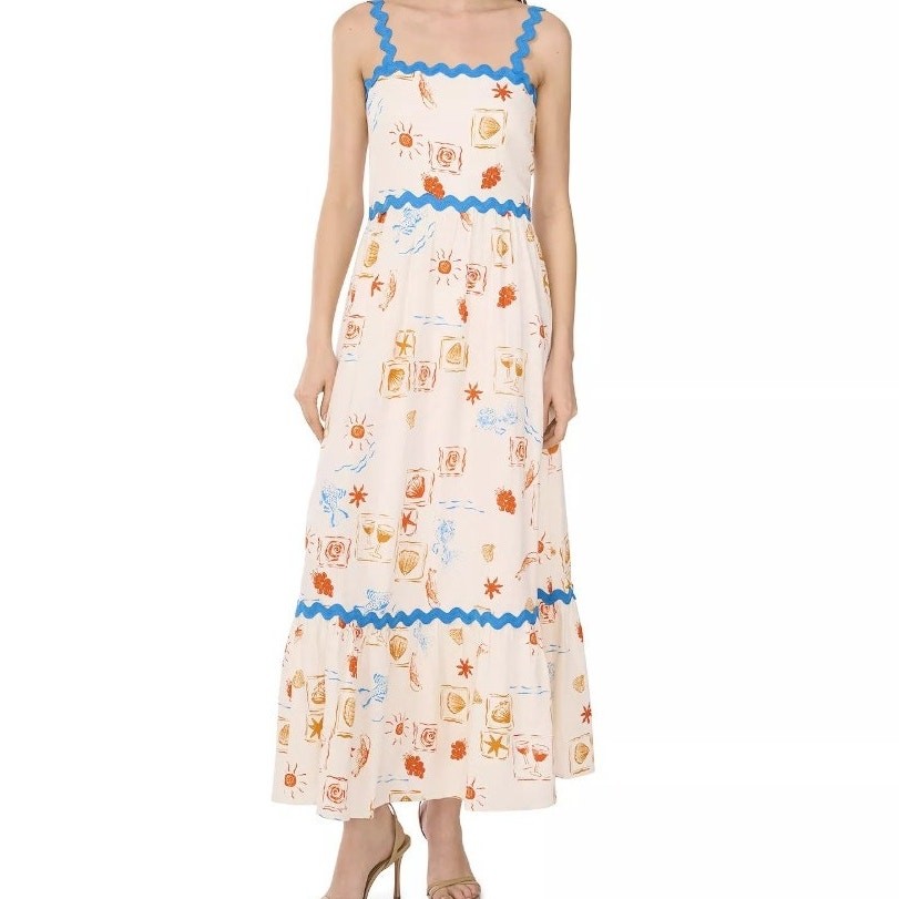 CeCe Tropical Print Maxi Dress Small Linen Blend Sun Fish Shell Print Scalloped