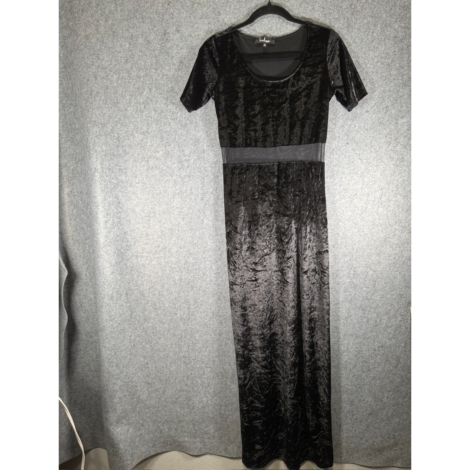 Lulus Black Crushed Velvet Maxi Dress Sheer Mesh Waist Goth Short Sleeve Medium