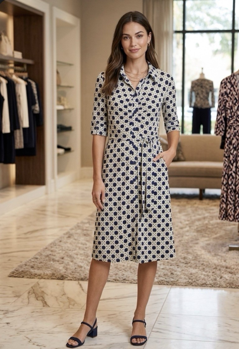NWOT Laundry Shelli Segal Navy/ Cream Belted Button Shirt Dress Size 4 Stretch