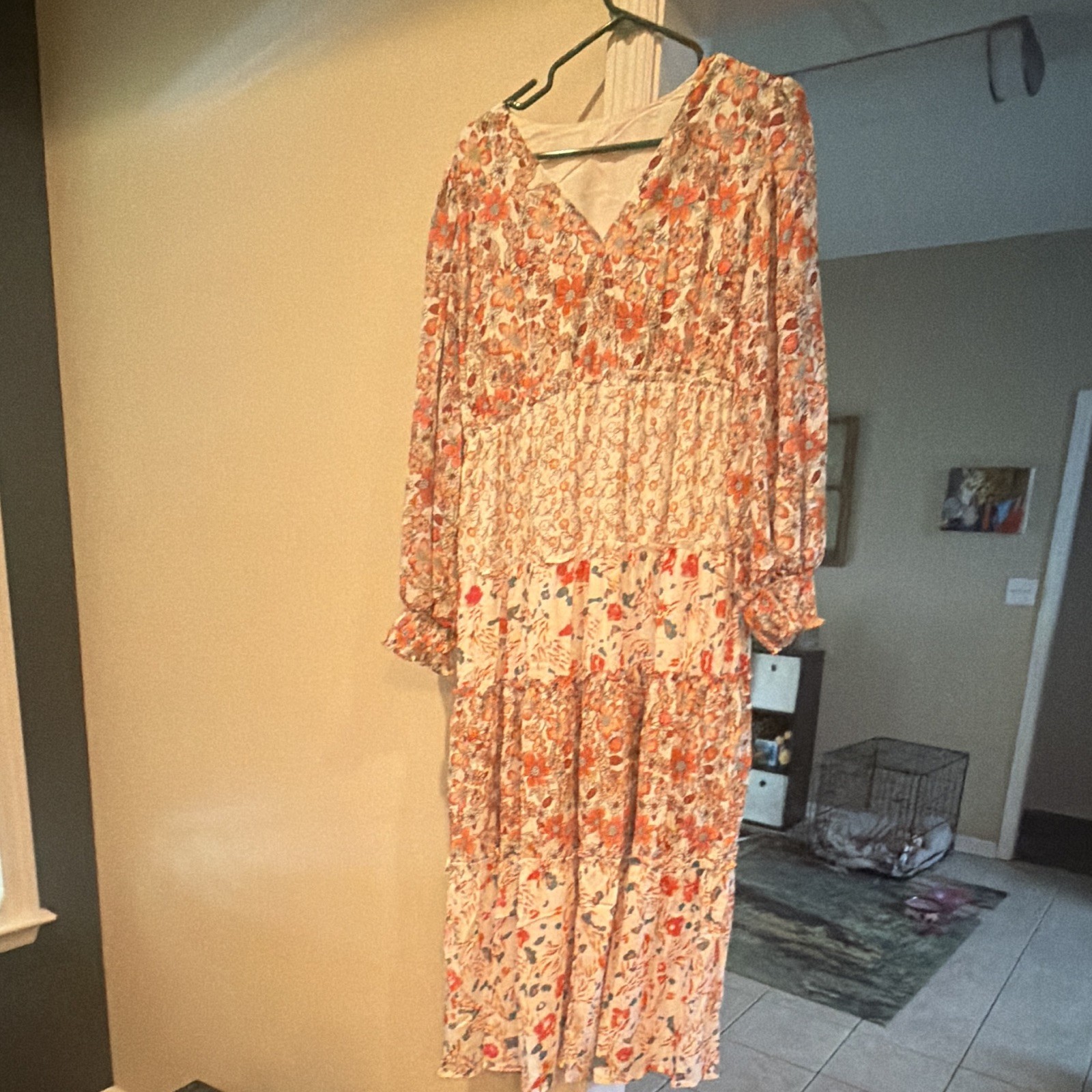 Women’s XL White/Orange Floral V-Neck Smocked Waist Long Sleeve Midi Dress