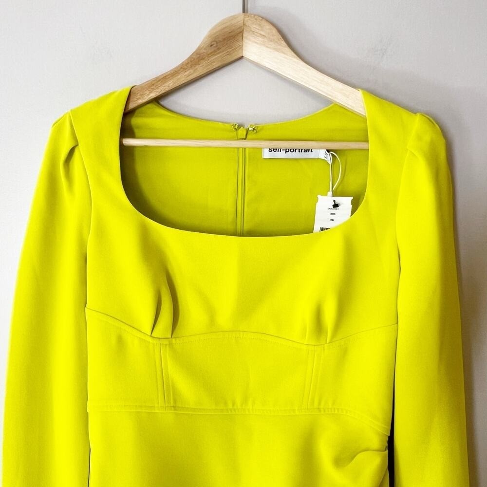 Self-Portrait Crepe Ruched Midi Dress Lime Green Puff Sleeve 6 NWT