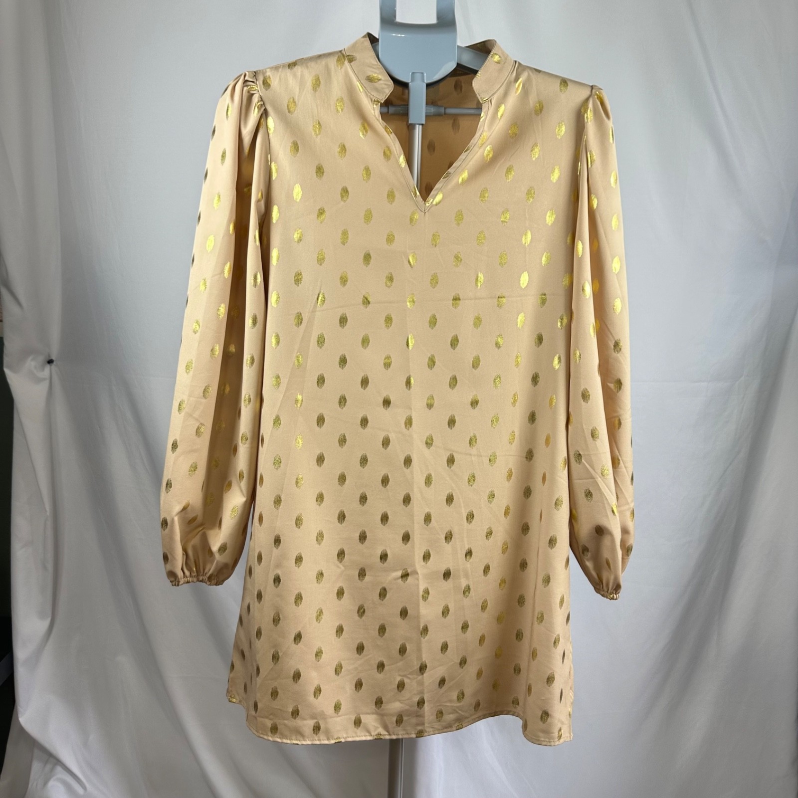 LALA Factory Tan Dress with Gold Dots, Size Large, Long Sleeve, V-Neck
