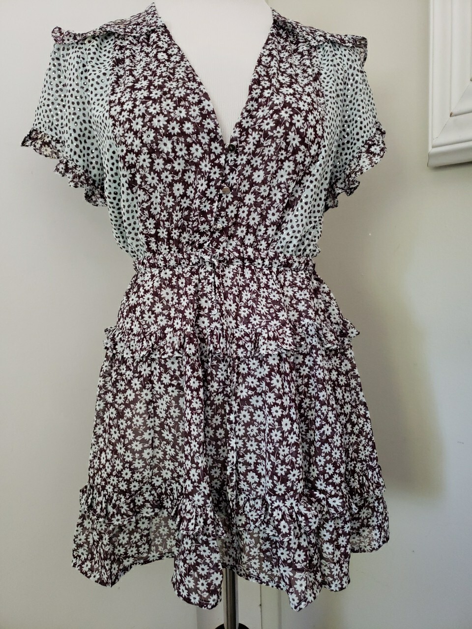 Sabina Musayev Short Babydoll Dress Sequin glitter accent Small ruffle flair