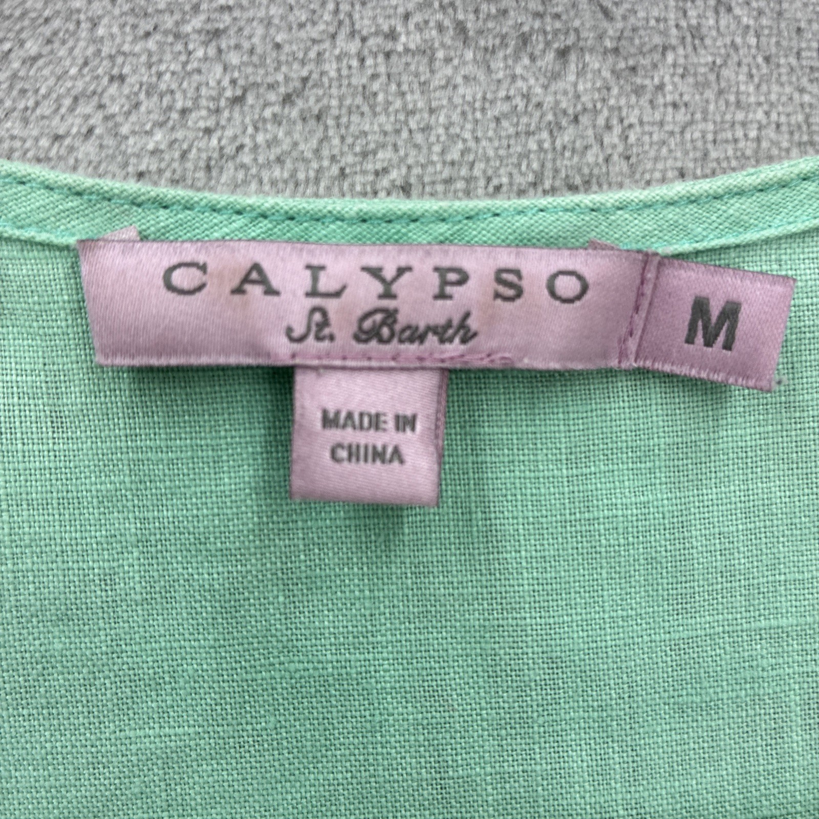 Calypso St Barth Dress 100% Linen Mint Green Pom-Pom Fringe Trim Minimalistic
