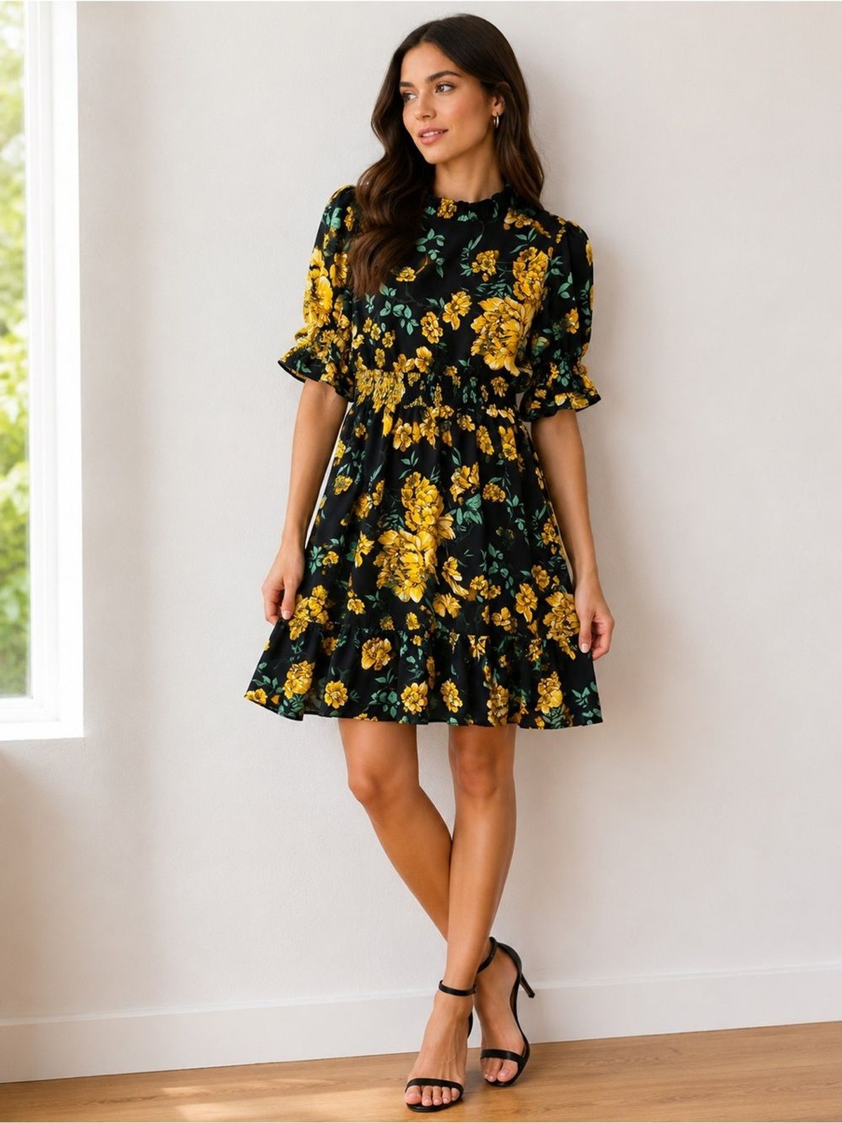 Gali Black Yellow Floral Ruffle Mini Dress – Size S