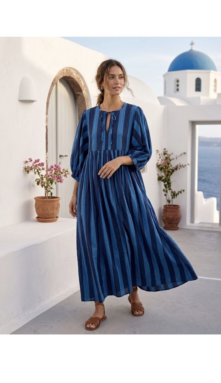 Handmade Blue Striped Cotton Maxi Dress, Boho Balloon Sleeve Dress Perfect Dress