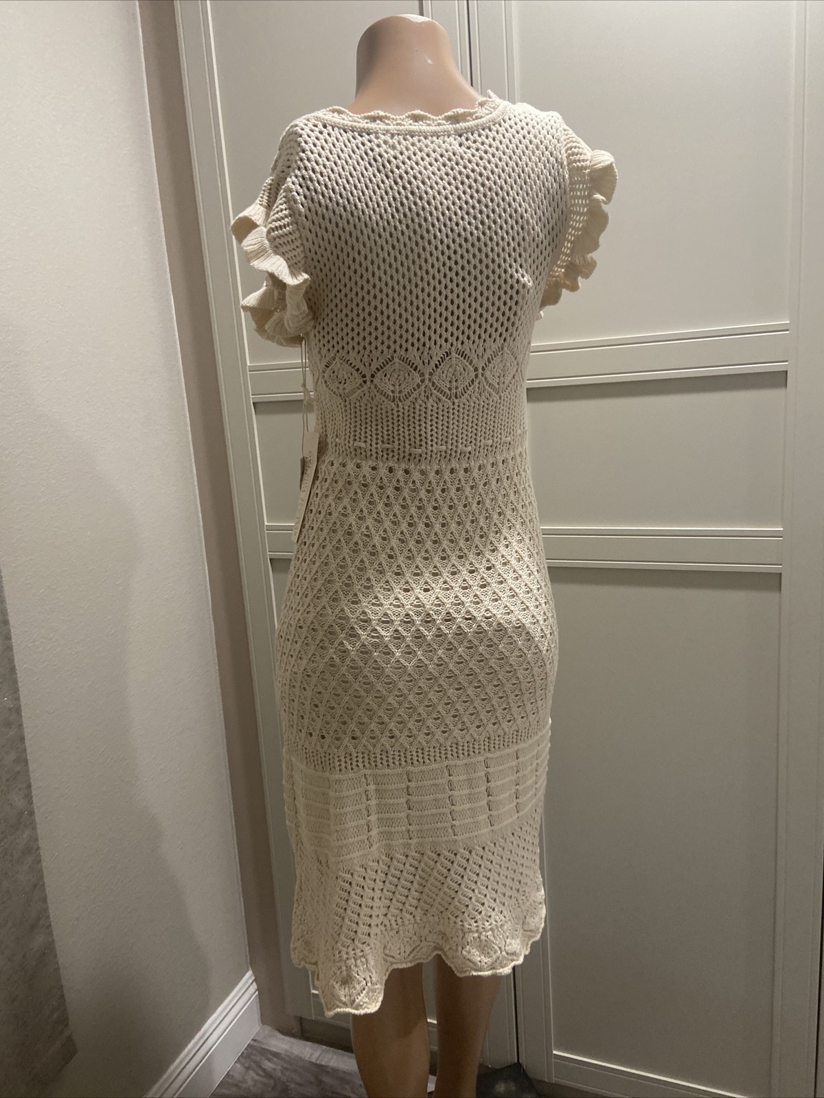 NWT Happy x Nature Crochet Midi Dress Beige Ruffle Sleeves Pullover Lined Sz S