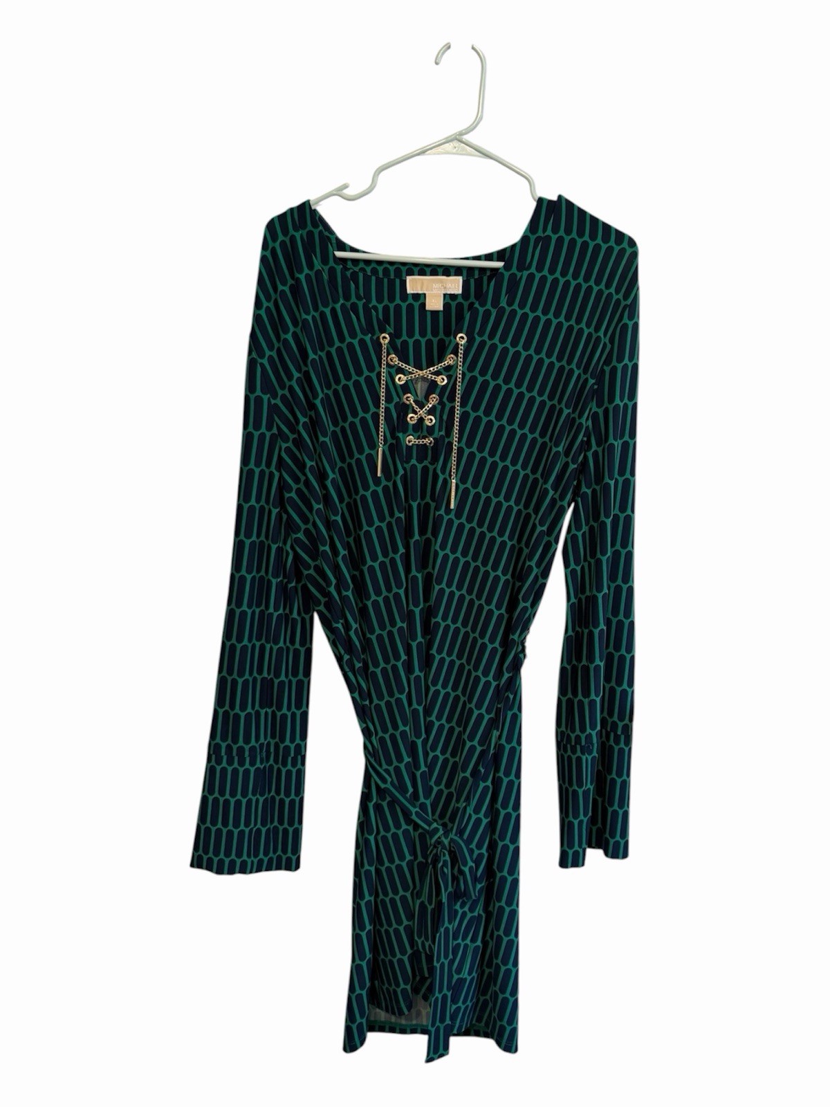 Michael Kors Green/Blue Geometric Sheath Dress V-Neck Long Sleeve Chain XL