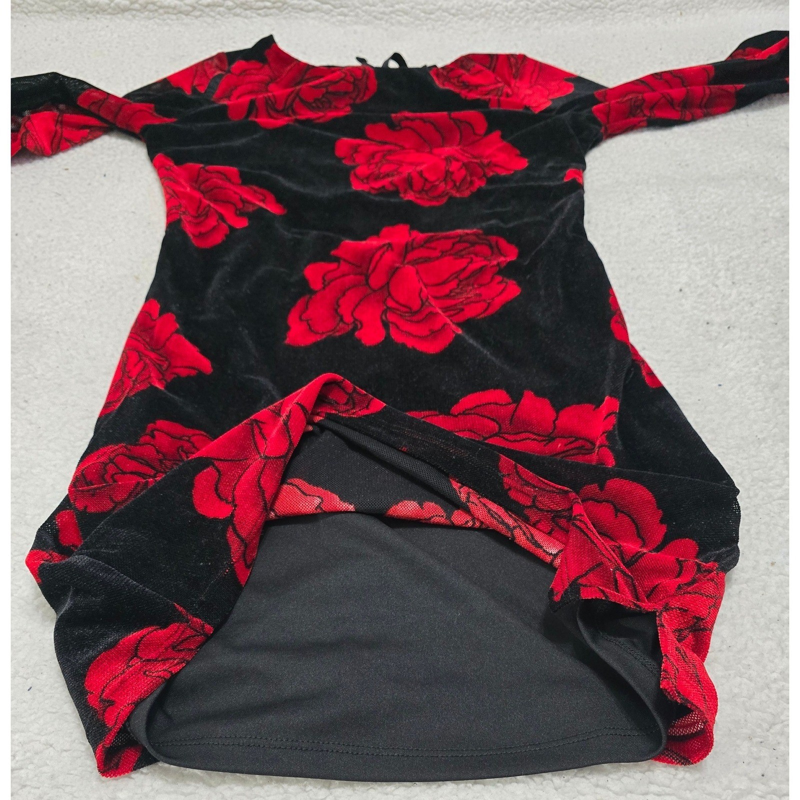 Thirty Thirty LA Red Rose Velvet Mesh Bell Sleeve Mini Dress Black M 7DDED260