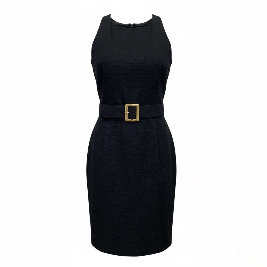 Black Sleeveless Dress With Belted Waist Gold Buckle Design Womens Size 12