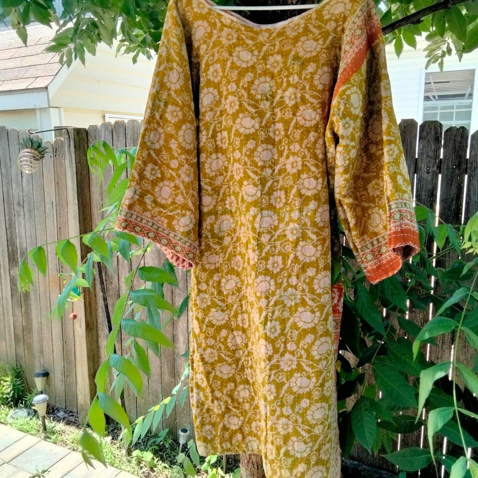 Handmade KANTHA Lounge Tunic Style Dress Free Size Boho Green Sunflower Print