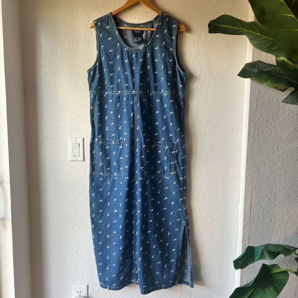 Vintage Overall Dress Embroidered Daisy Denim Maxi Chore Dress, Size L