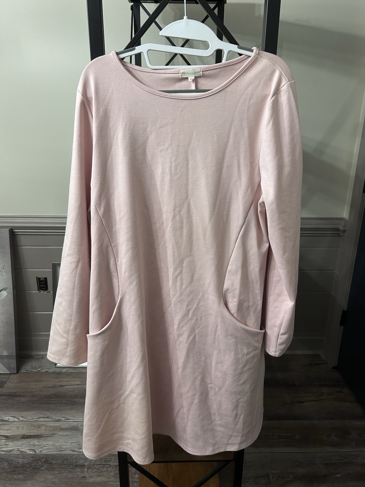 Womens Pink Solid Long Sleeve Round Neck Knee Dress Pockets XL