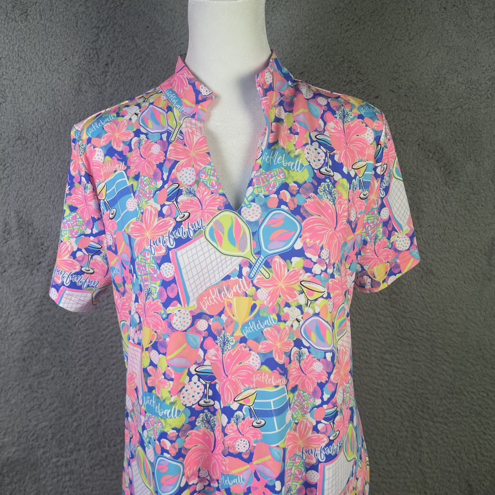 Lulu B Dress Womens Medium Pink Pickleball Drinks Floral AOP Active V Neck