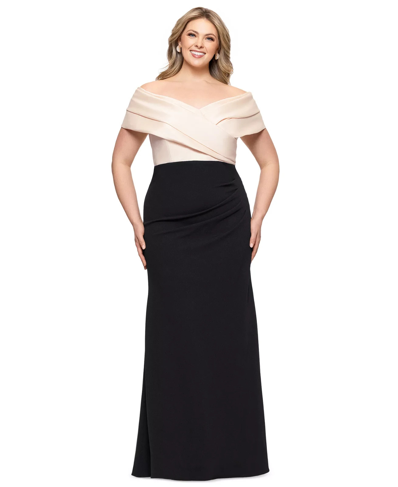 Betsy & Adam Black Cream Mixed-Material Off-The-Shoulder Gown Size 20W $299