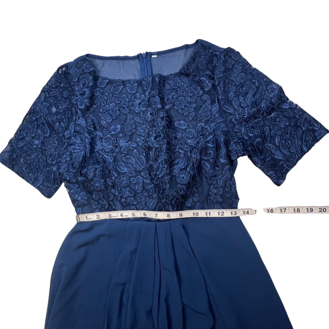 TS Conture Dress S Navy Blue Tea Length Embroidered Lace Bodice Chiffon Skirt