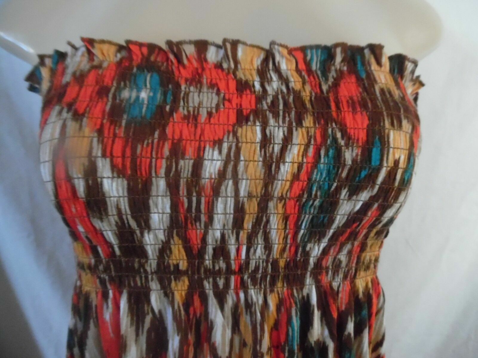 WHITE AQUA ORANGE BROWN GEOMETRIC LONG MAXI DRESS STRAPLESS ELASTIC TOP SMALL