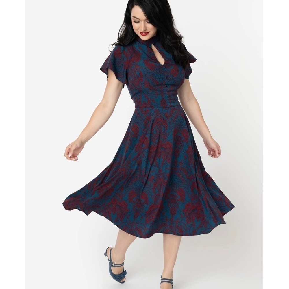 UNIQUE VINTAGE 1950s Damask Baltimore Swing Dress Blue Red Retro Pinup X-Large