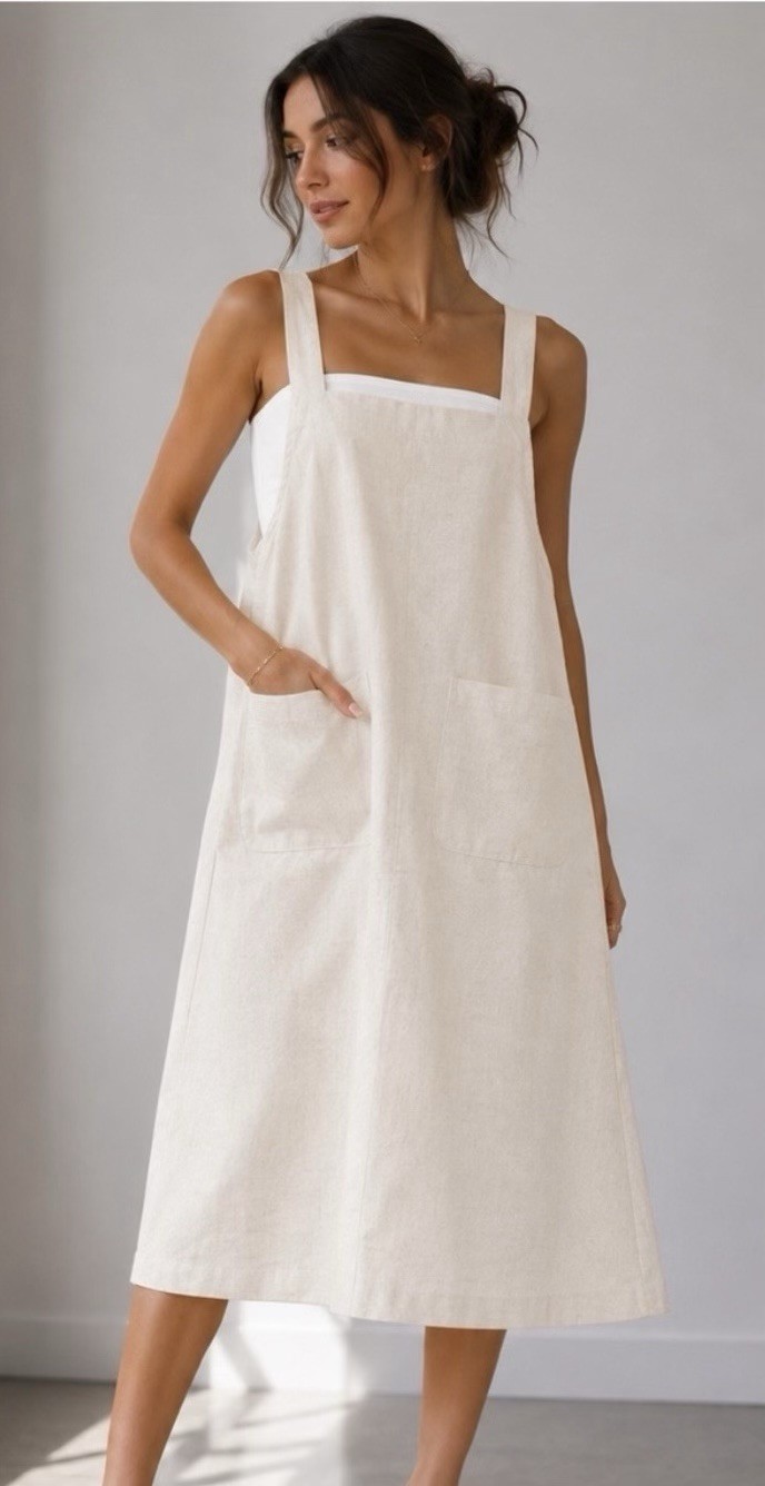 Gilli Women’s Cream Solid Pinafore Midi Dress Square Neck Sleeveless Pockets