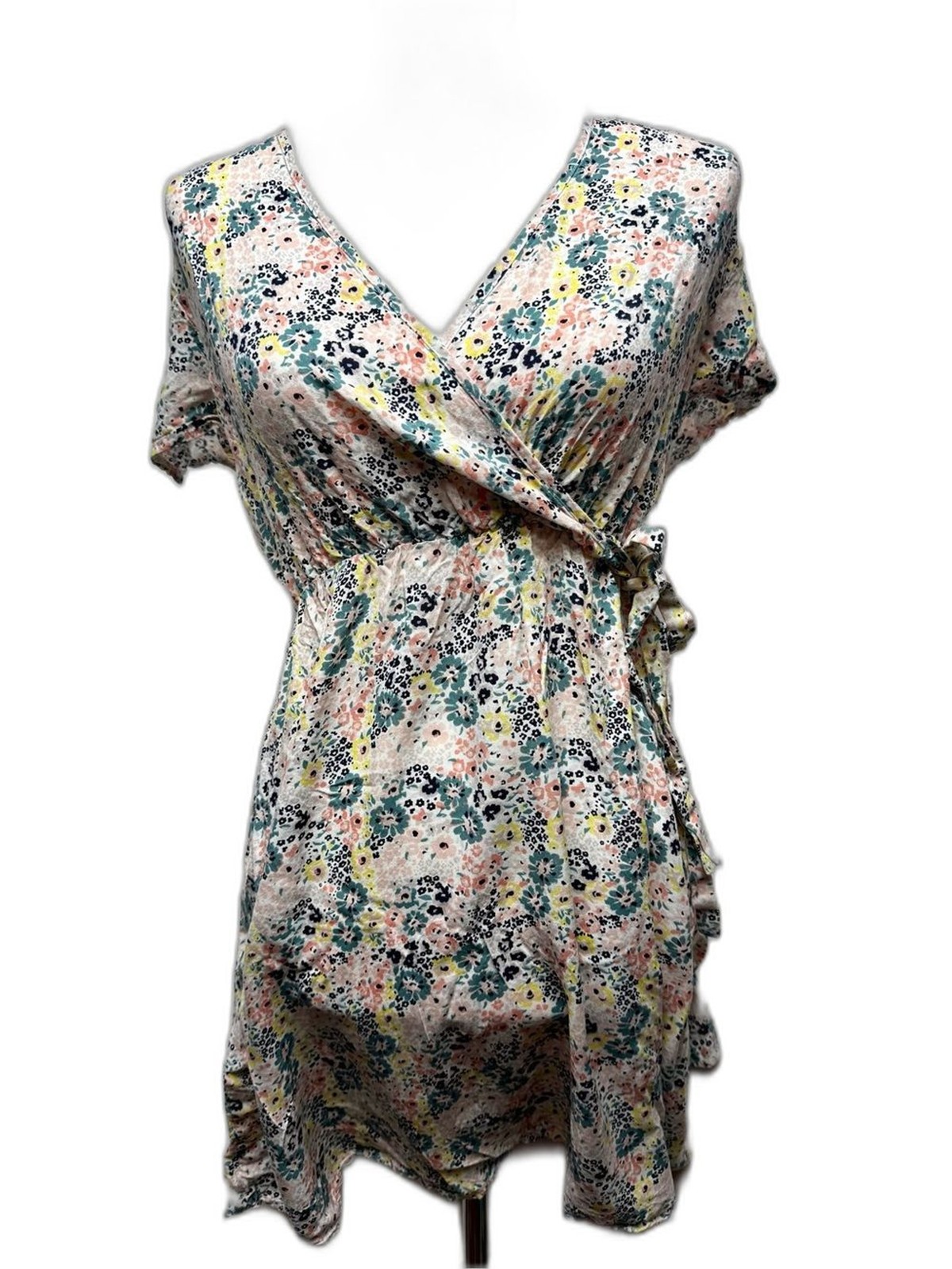 DownEast Floral Wrap Midi Dress in Pink, Green, Yellow