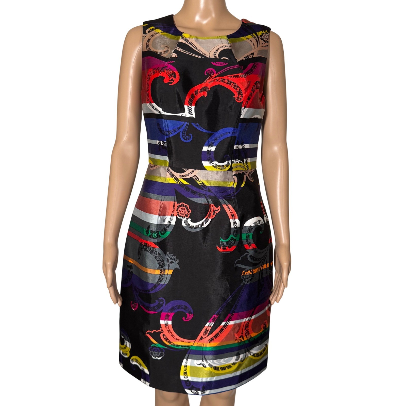 Trina Turk Multi Color Paisley Stripe Silk Blend Sheath Dress Size 4 NRTD17R001