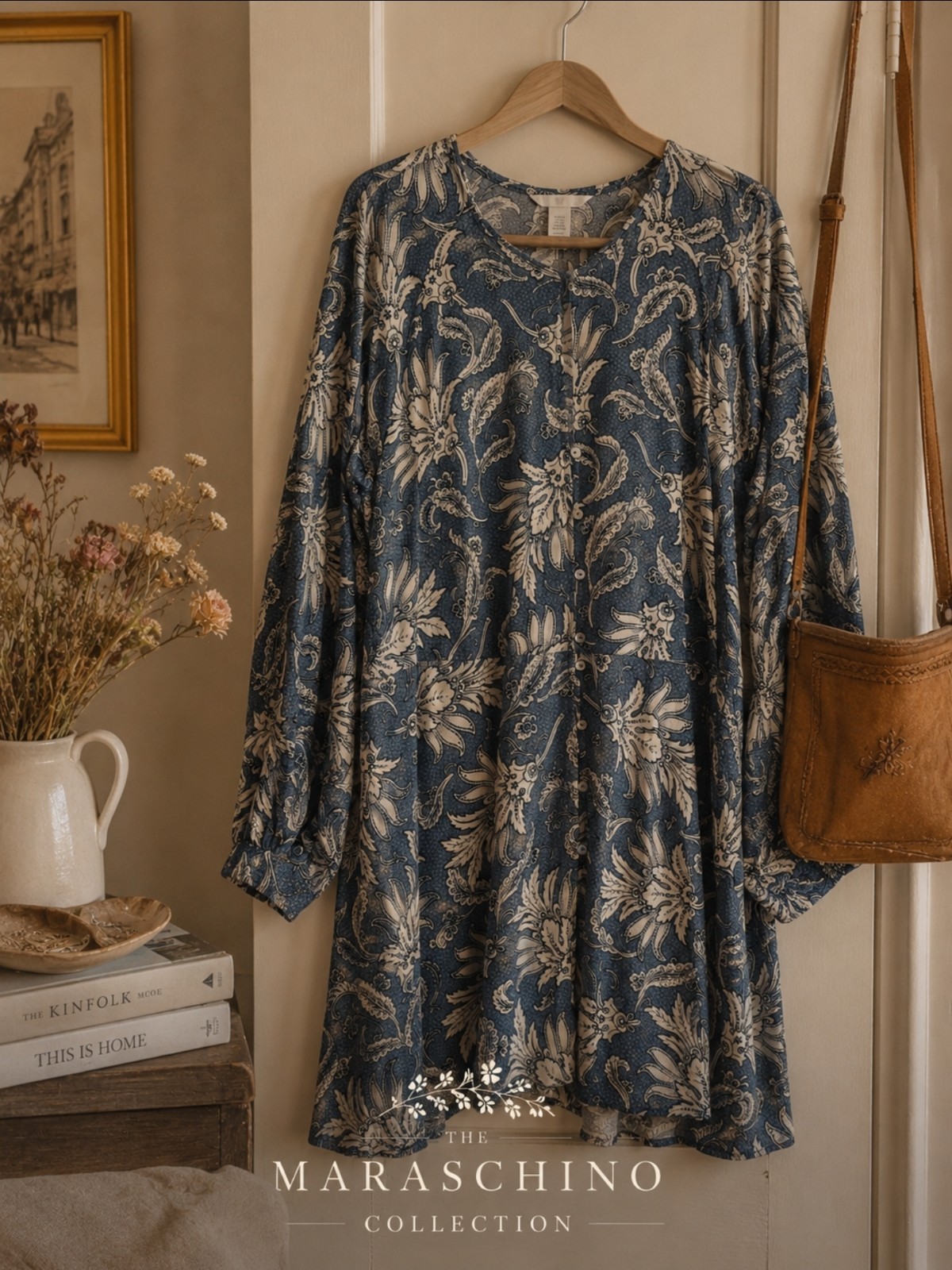 H&M Dusty Blue Paisley Viscose Mini Dress XXL Boho Balloon Sleeve Cottagecore