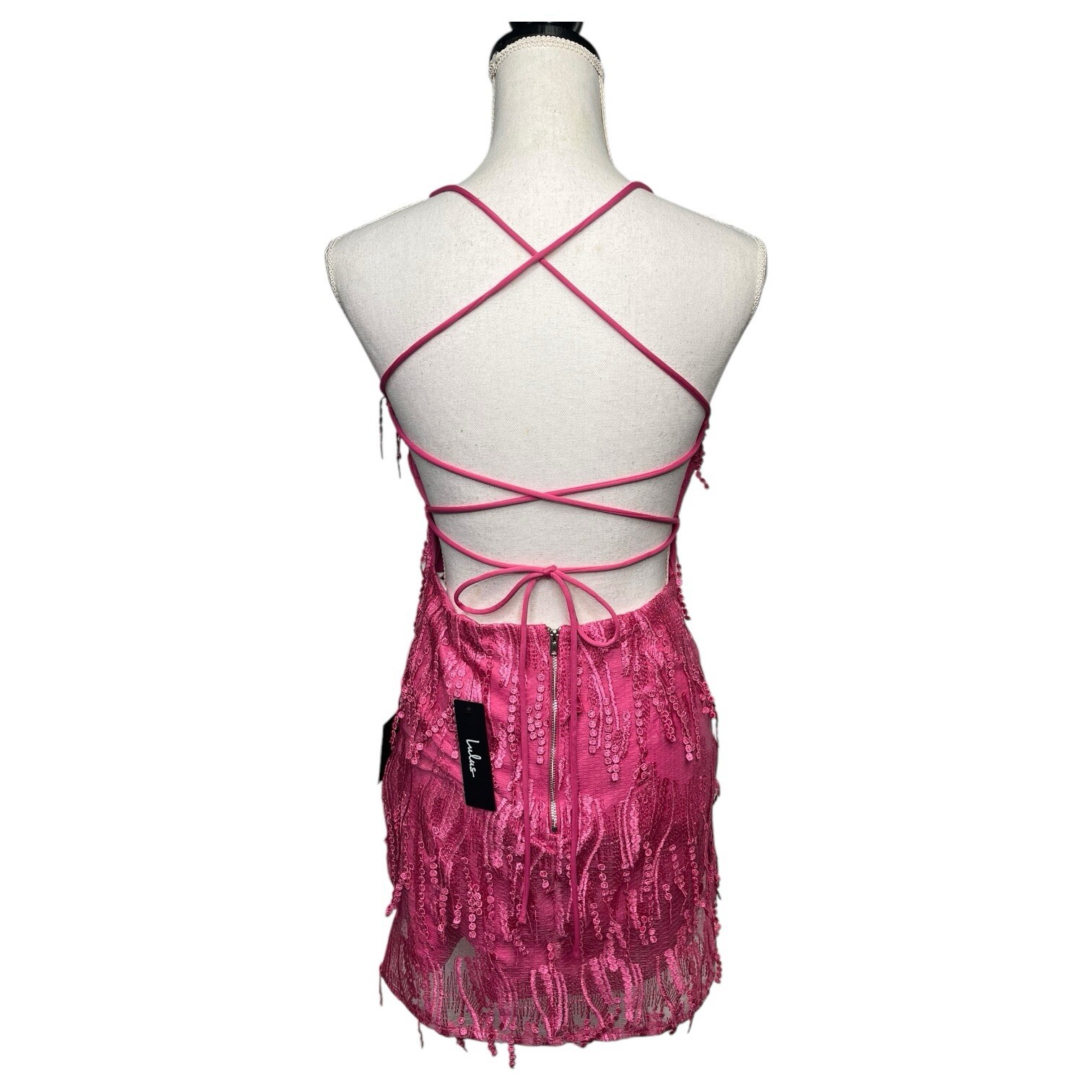 New Lulus Dress Womens M Making Magic Fringe Lace Up Mini Overlay Bright Pink