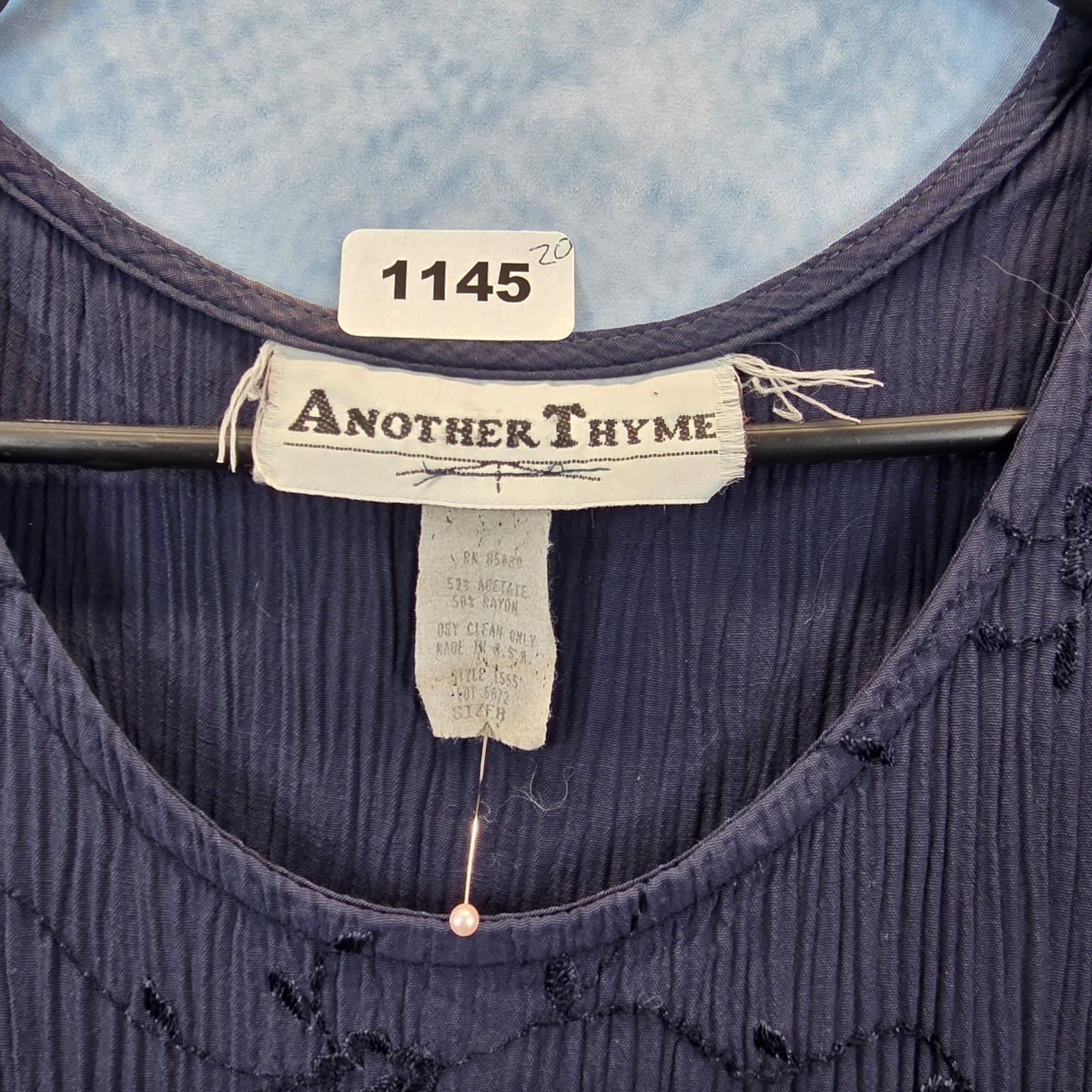 Another Thyme Vintage Navy Blue Crinkle Maxi Dress Floral Embroidered Size 8 USA