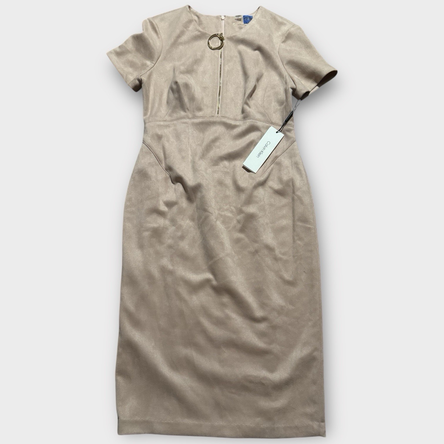 NWT CALVIN KLEIN Womens 10 Faux Suede Front Zipper Logo Pull Short Sleeve Dress