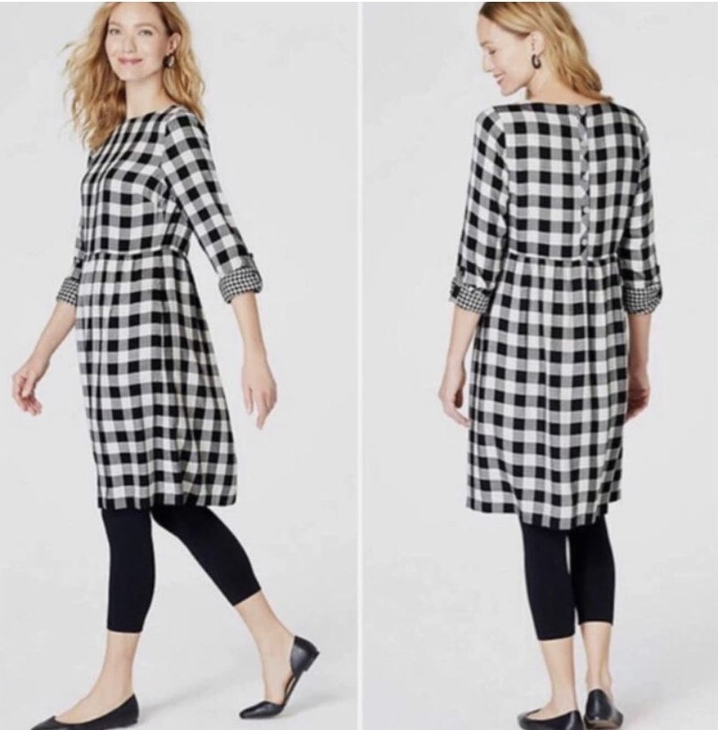J Jill NEW Black White Gingham Check Shift Dress Roll Tab Sleeve NWT Large