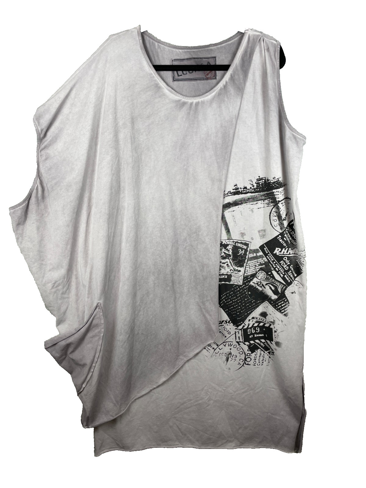Luukaa Dress Gray Midi Lagenlook Art To Wear Vintage Stamps Graphic Asymmetrical
