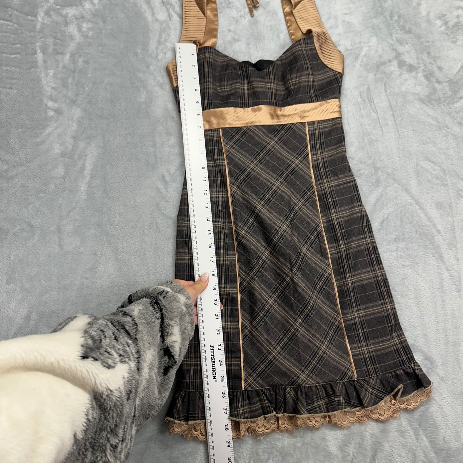 Y2K Bebe Plaid Halter Mini Dress Brown Tan Satin Trim Lace Ruffle Size 0