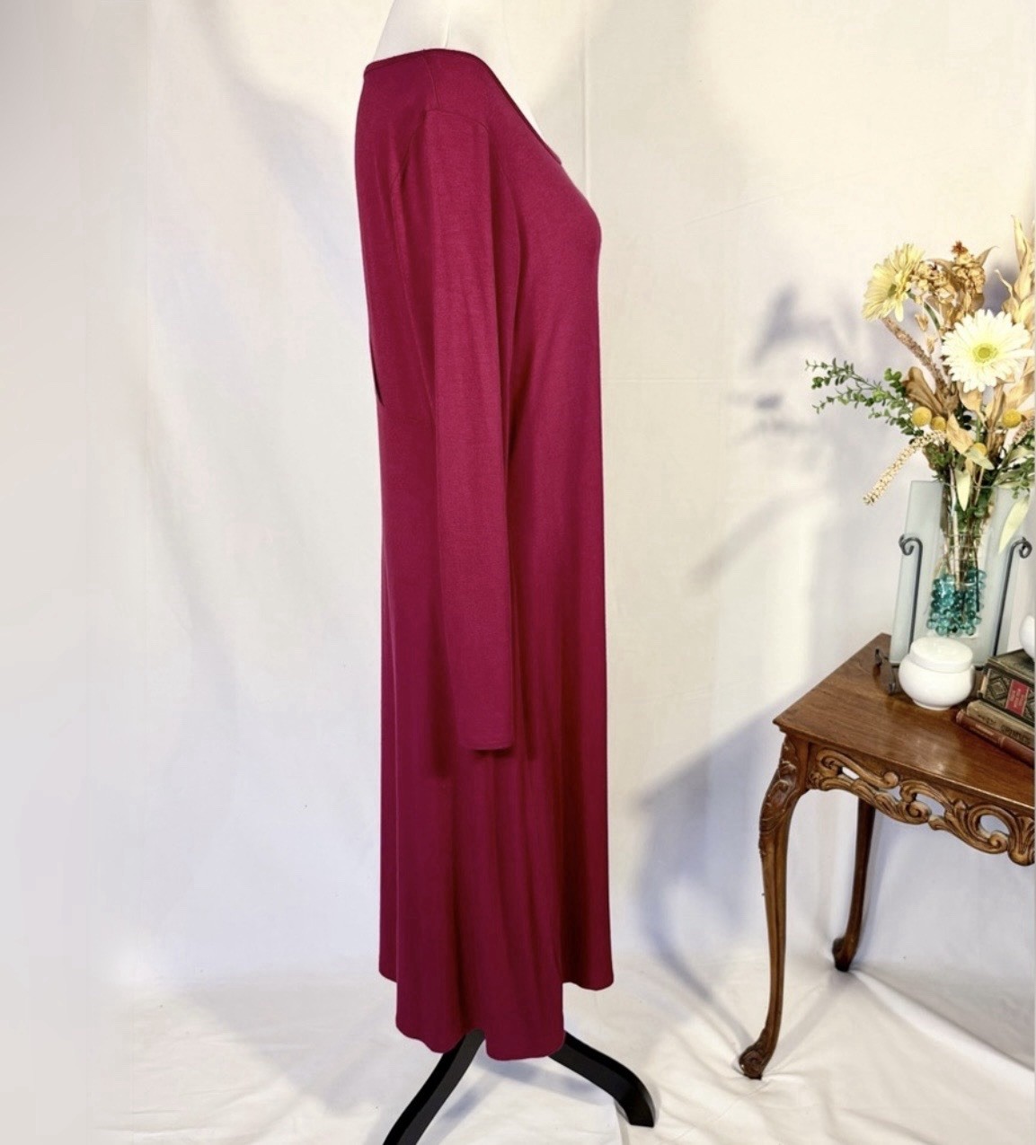 💥Eileen Fisher Scarlet Red Viscose Jersey Keyhole-Back Midi Dress Sz Medium 💛