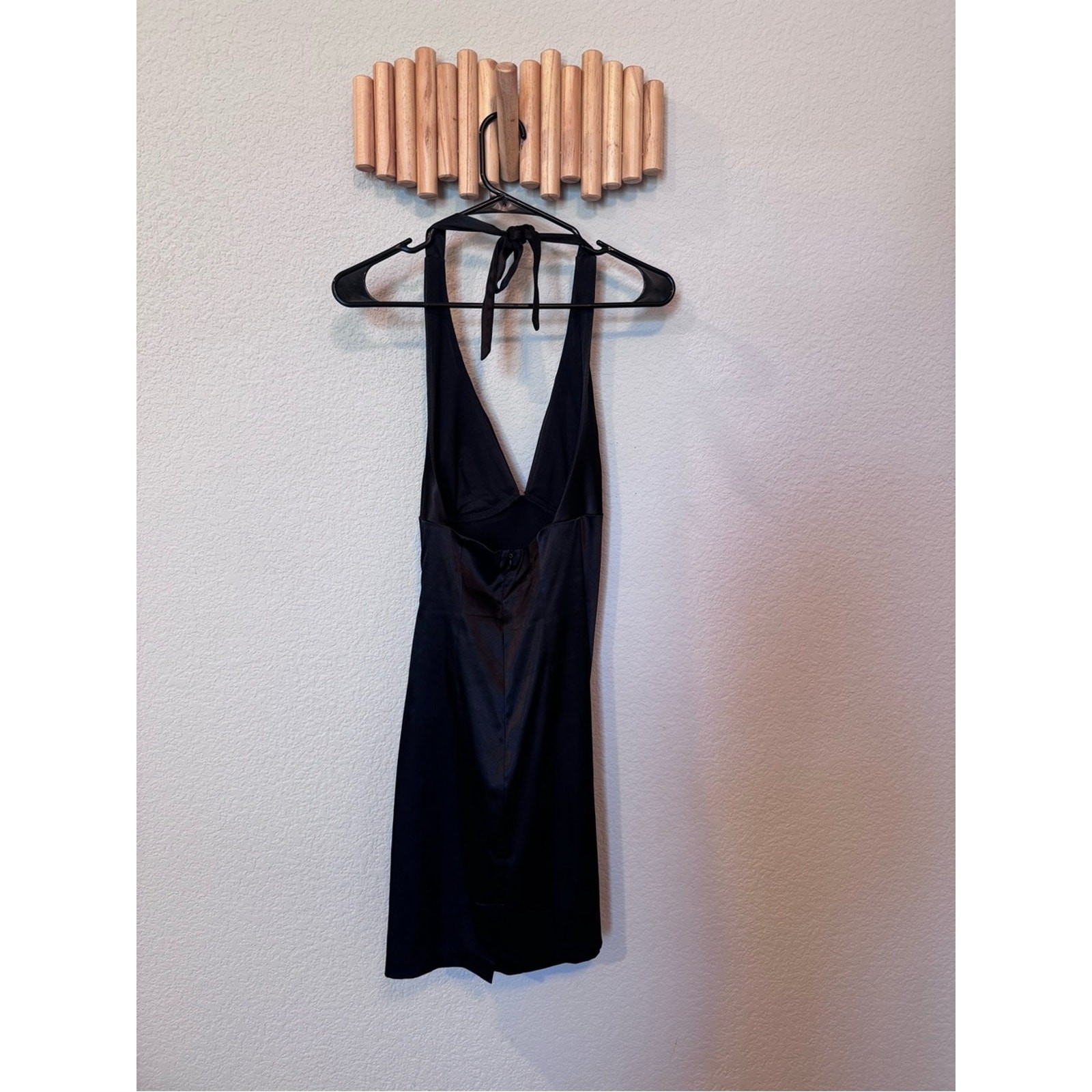 Little Black Satin Halter Mini Dress | Halter Deep V Cocktail Party Dress