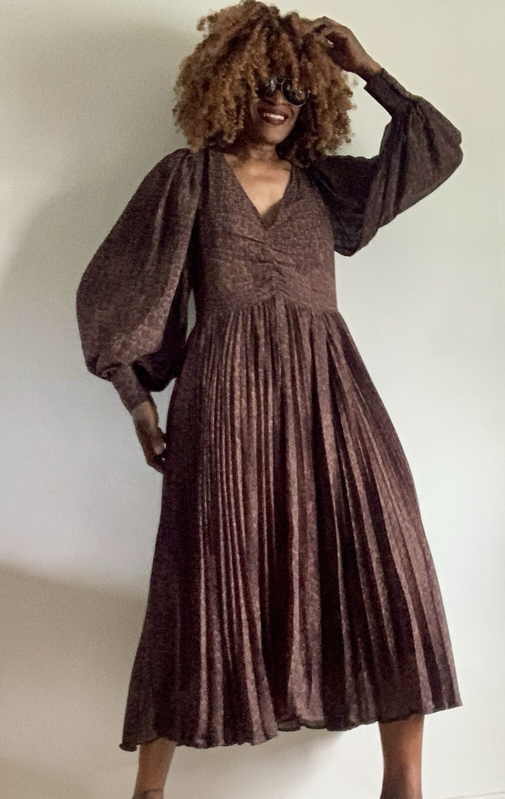BNWT HM BLACK & BROWN CROCODILE PRINT LONG SLEEVES PLEATED MAXI DRESS SIZE: 10